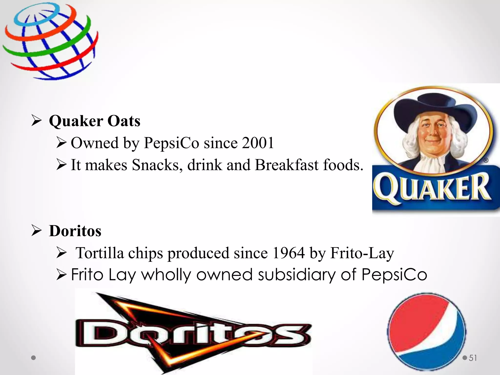  Quaker Oats
Owned by PepsiCo since 2001
It makes Snacks, drink and Breakfast foods.
 Doritos
 Tortilla chips produced since 1964 by Frito-Lay
Frito Lay wholly owned subsidiary of PepsiCo
51
 