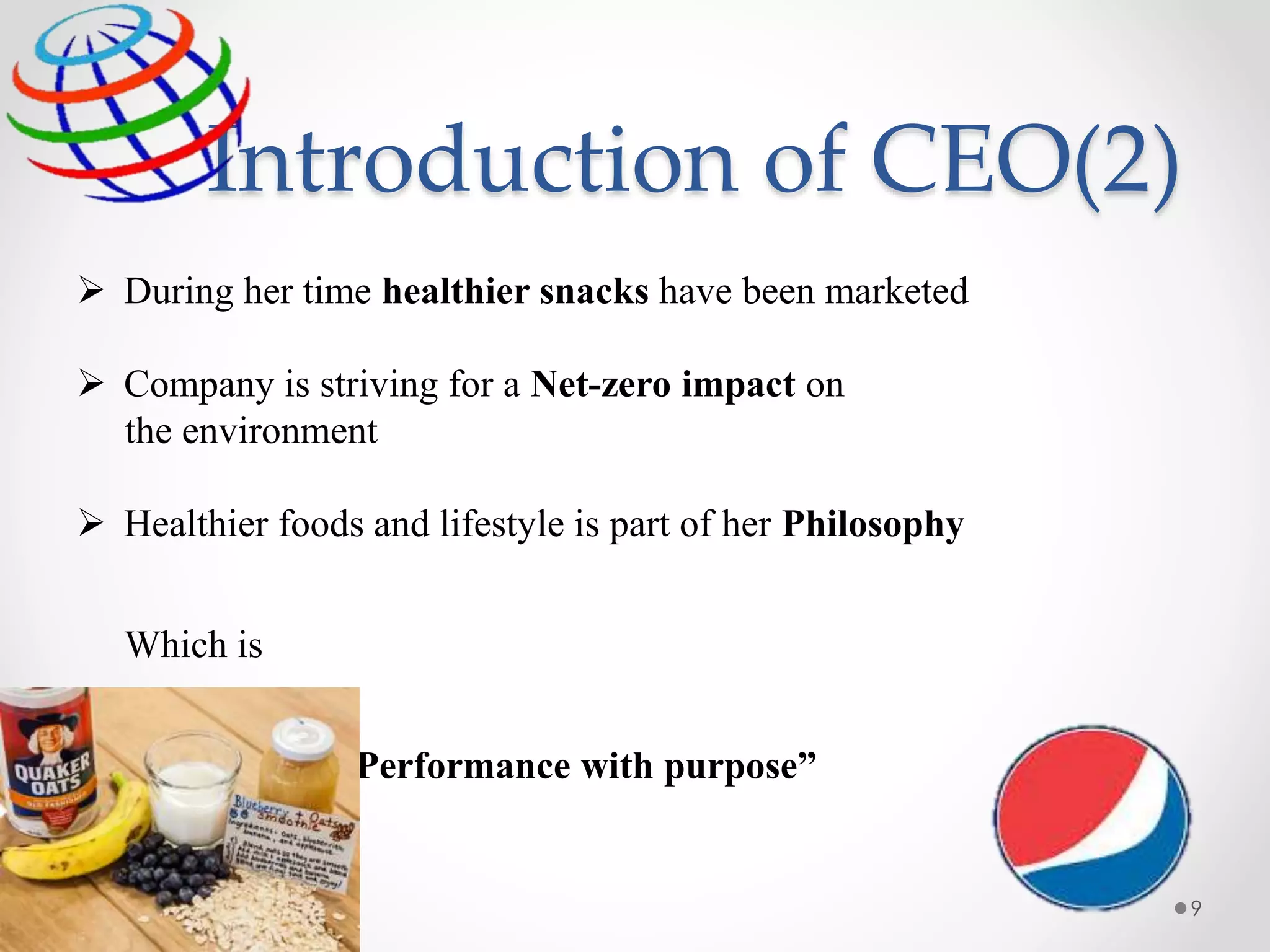 Introduction of CEO(2)
9
 During her time healthier snacks have been marketed
 Company is striving for a Net-zero impact on
the environment
 Healthier foods and lifestyle is part of her Philosophy
Which is
“Performance with purpose”
 