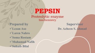 PEPSIN
Proteolytic enzyme
biochemistry
Prepared by Supervisor
Lezan Aso Dr. Azheen S. Ahmad
Laren Nahro
Soma Rostam
Muhamad Nafih
Suhaib Bilal
 