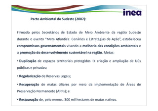Pacto Ambiental do Sudeste (2007):


Firmado pelos Secretários de Estado de Meio Ambiente da região Sudeste
durante o evento “Mata Atlântica: Cenários e Estratégias de Ação”, estabeleceu
compromissos governamentais visando a melhoria das condições ambientais e
a promoção do desenvolvimento sustentável na região. Metas:

• Duplicação de espaços territoriais protegidos → criação e ampliação de UCs
públicas e privadas;

• Regularização de Reservas Legais;

• Recuperação de matas ciliares por meio da implementação de Áreas de
Preservação Permanente (APPs); e

• Restauração de, pelo menos, 300 mil hectares de matas nativas.
 