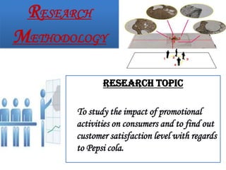 RESEARCH
METHODOLOGY

              RESEARCH topic

       To study the impact of promotional
       activities on consumers and to find out
       customer satisfaction level with regards
       to Pepsi cola.
 