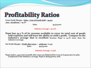 Gross Profit Margin = Sales – Cost of Goods Sold = 39,474
,000 – 18,038,000 = 54.3%
                                 Sales                    39,474,000

                                    Industry Average = 30.10%

Pepsi has 54.3 % of its revenue available to cover its total cost of goods
  sold expenses and still have the ability to yield a profit. Compare to the
  industry’s average that is excellent because Pepsi is 24.2% more than the
   industry’s average.

Net Profit Margin = Profit after taxes = 5,658,000= $.1433
                          Sales          39,474,000

                                     Industry Average = $.028

Pepsi makes .1433 cents in profit after taxes are deducted for every $1 it generates in sales.
   Compared to the industry’s average, Pepsi is doing pretty well.
 