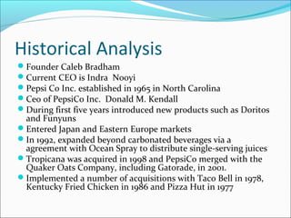 Historical Analysis
Founder Caleb Bradham
Current CEO is Indra Nooyi
Pepsi Co Inc. established in 1965 in North Carolina
Ceo of PepsiCo Inc. Donald M. Kendall
During first five years introduced new products such as Doritos
 and Funyuns
Entered Japan and Eastern Europe markets
In 1992, expanded beyond carbonated beverages via a
 agreement with Ocean Spray to distribute single-serving juices
Tropicana was acquired in 1998 and PepsiCo merged with the
 Quaker Oats Company, including Gatorade, in 2001.
Implemented a number of acquisitions with Taco Bell in 1978,
 Kentucky Fried Chicken in 1986 and Pizza Hut in 1977
 