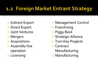 Indirect Export Direct Export Joint Ventures Mergers Acquisitions Assembly line operation Licensing Management Control Franchising Piggy Back Strategic Alliance Turn Key Projects Contract Manufacturing Manufacturing 