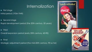 Internalization
 First stage
Initial period (1934-1949)
 Second stage
Rapid development period (the 20th century, 50 years)
 Third
Overall expansion period (early 20th century, 60-90)
 Final
Strategic adjustment period (the mid-20th century, 90 so far)
 