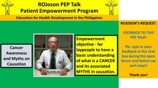 ROJoson PEP Talk: Cancer Awareness and Myths on Causation 