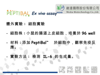 體外實驗 :  細胞實驗 細胞株 : 小鼠的腸道上皮細胞，培養於 96 well 材料 : 添加 P eptiBal ™   於細胞中，觀察免疫反應。 實驗方法 :  檢測  IL-6  的生成量。 Ex vivo  assay 