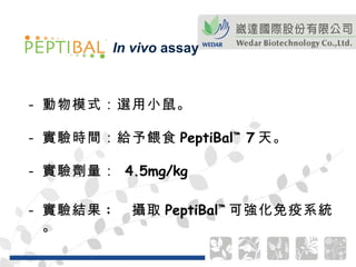 動物模式：選用小鼠。 實驗時間：給予餵食 PeptiBal ™   7 天。 實驗劑量：   4.5mg/kg 實驗結果 :  攝取 PeptiBal ™ 可強化免疫系統。 In vivo  assay 
