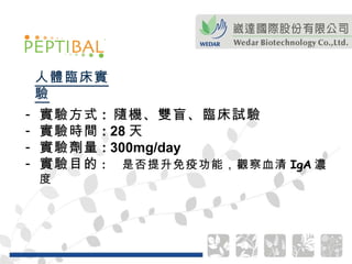 實驗方式 :  隨機、雙盲、臨床試驗 實驗時間 : 28 天 實驗劑量 : 300mg/day 實驗目的 :  是否提升 免疫功能，觀察 血清 IgA 濃度 人體臨床實驗 
