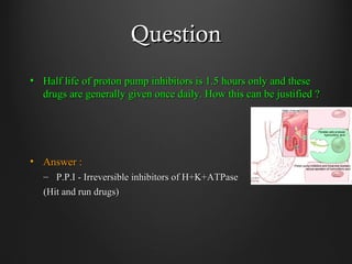 QuestionQuestion
• Half life of proton pump inhibitors is 1.5 hours only and theseHalf life of proton pump inhibitors is 1.5 hours only and these
drugs are generally given once daily. How this can be justified ?drugs are generally given once daily. How this can be justified ?
• Answer :Answer :
– P.P.I - Irreversible inhibitors of H+K+ATPaseP.P.I - Irreversible inhibitors of H+K+ATPase
(Hit and run drugs)(Hit and run drugs)
 
