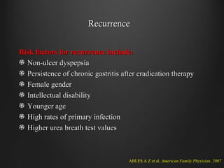 RecurrenceRecurrence
Risk factors for recurrence include:Risk factors for recurrence include:
Non-ulcer dyspepsiaNon-ulcer dyspepsia
Persistence of chronic gastritis after eradication therapyPersistence of chronic gastritis after eradication therapy
Female genderFemale gender
Intellectual disabilityIntellectual disability
Younger ageYounger age
High rates of primary infectionHigh rates of primary infection
Higher urea breath test valuesHigher urea breath test values
ABLES A Z et al. American Family Physician. 2007
 