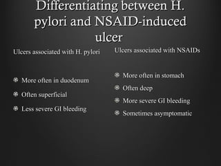 Differentiating between H.Differentiating between H.
pylori and NSAID-inducedpylori and NSAID-induced
ulcerulcer
Ulcers associated with H. pyloriUlcers associated with H. pylori
More often in duodenumMore often in duodenum
Often superficialOften superficial
Less severe GI bleedingLess severe GI bleeding
Ulcers associated with NSAIDsUlcers associated with NSAIDs
More often in stomachMore often in stomach
Often deepOften deep
More severe GI bleedingMore severe GI bleeding
Sometimes asymptomaticSometimes asymptomatic
 