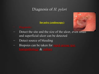 Diagnosis ofDiagnosis of H. pyloriH. pylori
Invasive (endoscopy)Invasive (endoscopy)
– DiagnosticDiagnostic::
– Detect the site and the size of the ulcer, even smallDetect the site and the size of the ulcer, even small
and superficial ulcer can be detectedand superficial ulcer can be detected
– Detect source of bleedingDetect source of bleeding
– Biopsies can be taken forBiopsies can be taken for rapid urease testrapid urease test,,
histopathologyhistopathology && cultureculture
 