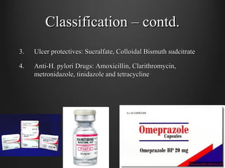 Classification – contd.Classification – contd.
3.3. Ulcer protectives: Sucralfate, Colloidal Bismuth sudcitrateUlcer protectives: Sucralfate, Colloidal Bismuth sudcitrate
4.4. Anti-H. pylori Drugs: Amoxicillin, Clarithromycin,Anti-H. pylori Drugs: Amoxicillin, Clarithromycin,
metronidazole, tinidazole and tetracyclinemetronidazole, tinidazole and tetracycline
 