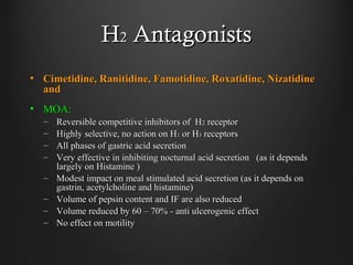 HH22 AntagonistsAntagonists
• Cimetidine, Ranitidine, Famotidine, Roxatidine, NizatidineCimetidine, Ranitidine, Famotidine, Roxatidine, Nizatidine
andand
• MOA:MOA:
– Reversible competitive inhibitors of HReversible competitive inhibitors of H22 receptorreceptor
– Highly selective, no action on HHighly selective, no action on H11 or Hor H33 receptorsreceptors
– All phases of gastric acid secretionAll phases of gastric acid secretion
– Very effective in inhibiting nocturnal acid secretion (as it dependsVery effective in inhibiting nocturnal acid secretion (as it depends
largely on Histamine )largely on Histamine )
– Modest impact on meal stimulated acid secretion (as it depends onModest impact on meal stimulated acid secretion (as it depends on
gastrin, acetylcholine and histamine)gastrin, acetylcholine and histamine)
– Volume of pepsin content and IF are also reducedVolume of pepsin content and IF are also reduced
– Volume reduced by 60 – 70% - anti ulcerogenic effectVolume reduced by 60 – 70% - anti ulcerogenic effect
– No effect on motilityNo effect on motility
 