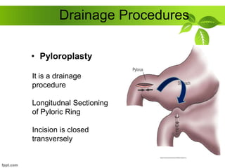 Drainage Procedures
• Pyloroplasty
It is a drainage
procedure
Longitudnal Sectioning
of Pyloric Ring
Incision is closed
transversely
 