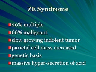ZE Syndrome
20% multiple
66% malignant
slow growing indolent tumor
parietal cell mass increased
genetic basis
massive hyper-secretion of acid
 