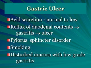 Gastric Ulcer
Acid secretion - normal to low
Reflux of duodenal contents 
gastritis  ulcer
Pylorus sphincter disorder
Smoking
Disturbed mucosa with low grade
gastritis
 