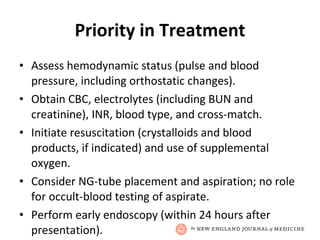 Priority in Treatment Assess hemodynamic status (pulse and blood pressure, including orthostatic changes). Obtain CBC, electrolytes (including BUN and creatinine), INR, blood type, and cross-match. Initiate resuscitation (crystalloids and blood products, if indicated) and use of supplemental oxygen. Consider NG-tube placement and aspiration; no role for occult-blood testing of aspirate. Perform early endoscopy (within 24 hours after presentation). 