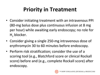Priority in Treatment Consider initiating treatment with an intravenous PPI (80-mg bolus dose plus continuous infusion at 8 mg per hour) while awaiting early endoscopy; no role for H 2  blocker. Consider giving a single 250-mg intravenous dose of erythromycin 30 to 60 minutes before endoscopy. Perform risk stratification; consider the use of a scoring tool (e.g., Blatchford score or clinical Rockall score) before and (e.g., complete Rockall score) after endoscopy. 