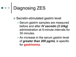 Diagnosing ZES
 Secretin-stimulated gastrin level
 Serum gastrin samples are measured
before and after IV secretin (2 U/kg)
administration at 5-minute intervals for
30 minutes.
 An increase in the serum gastrin level
of greater than 200 pg/mL is specific
for gastrinoma.
 