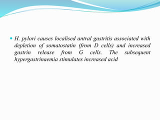  H. pylori causes localised antral gastritis associated with
depletion of somatostatin (from D cells) and increased
gastrin release from G cells. The subsequent
hypergastrinaemia stimulates increased acid
 