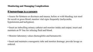 Monitoring and Managing Complications
If hemorrhage is a concern
• Assess for faintness or dizziness and nausea, before or with bleeding; test stool
for occult or gross blood; monitor vital signs frequently (tachycardia,
hypotension,and tachypnea).
• Insert an indwelling urinary catheter and monitor intake and output; insert and
maintain an IV line for infusing fluid and blood.
• Monitor laboratory values (hemoglobin and hematocrit).
• Insert and maintain a nasogastric tube and monitor drainage; provide lavage as
ordered.
 