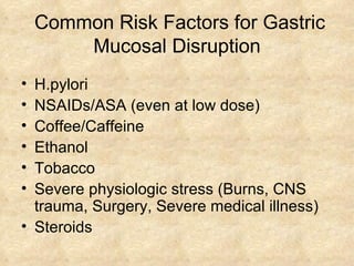 Common Risk Factors for Gastric Mucosal Disruption H.pylori NSAIDs/ASA (even at low dose)  Coffee/Caffeine Ethanol Tobacco Severe physiologic stress (Burns, CNS trauma, Surgery, Severe medical illness) Steroids 