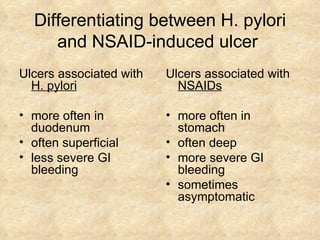 Differentiating between H. pylori and NSAID-induced ulcer  Ulcers associated with   H. pylori more often in duodenum often superficial less severe GI bleeding Ulcers associated with   NSAIDs more often in stomach often deep more severe GI bleeding sometimes asymptomatic 