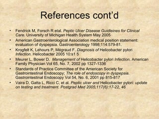 References cont’d Fendrick M, Forsch R etal.  Peptic Ulcer Disease Guidleines for Clinical Care.  University of Michigan Health System May 2005 American Gastroenterological Association medical position statement: evaluation of dyspepsia. Gastroenterology 1998;114:579-81. Krogfelt K, Lehours P, Mégraud F.  Diagnosis of  Helicobacter pylori  Infection . Helicobacter 2005 10:s1 5 Meurer L, Bower D.  Management of  Helicobacter pylori  Infection . American Family Physician Vol 65, No. 7, 2002 pp 1327-1336 Standards of Practice Committee of the American Society for Gastrointestinal Endoscopy;  The role of endoscopy in dyspepsia . Gastrointestinal Endoscopy Vol 54, No. 6, 2001 pp 815-817 Vaira D, Gatta L, Ricci C, et al . Peptic ulcer and  Helicobacter pylori:  update on testing and treatment. Postgrad Med 2005;117(6):17-22, 46 