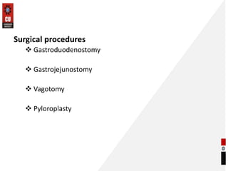 Surgical procedures
 Gastroduodenostomy
 Gastrojejunostomy
 Vagotomy
 Pyloroplasty
 