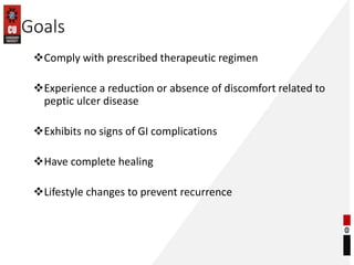 Comply with prescribed therapeutic regimen
Experience a reduction or absence of discomfort related to
peptic ulcer disease
Exhibits no signs of GI complications
Have complete healing
Lifestyle changes to prevent recurrence
Goals
 
