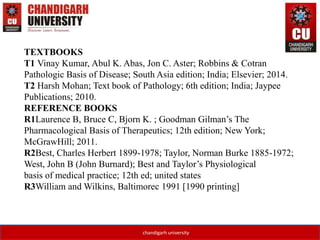 TEXTBOOKS
T1 Vinay Kumar, Abul K. Abas, Jon C. Aster; Robbins & Cotran
Pathologic Basis of Disease; South Asia edition; India; Elsevier; 2014.
T2 Harsh Mohan; Text book of Pathology; 6th edition; India; Jaypee
Publications; 2010.
REFERENCE BOOKS
R1Laurence B, Bruce C, Bjorn K. ; Goodman Gilman’s The
Pharmacological Basis of Therapeutics; 12th edition; New York;
McGrawHill; 2011.
R2Best, Charles Herbert 1899-1978; Taylor, Norman Burke 1885-1972;
West, John B (John Burnard); Best and Taylor’s Physiological
basis of medical practice; 12th ed; united states
R3William and Wilkins, Baltimorec 1991 [1990 printing]
chandigarh university
 