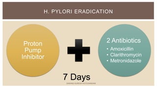 Proton
Pump
Inhibitor
2 Antibiotics
• Amoxicillin
• Clarithromycin
• Metronidazole
H. PYLORI ERADICATION
7 DaysSARANG SURESH HOTCHANDANI
 