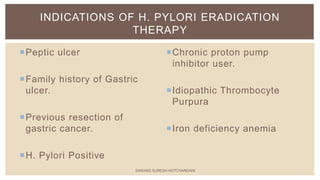 Chronic proton pump
inhibitor user.
Idiopathic Thrombocyte
Purpura
Iron deficiency anemia
Peptic ulcer
Family history of Gastric
ulcer.
Previous resection of
gastric cancer.
H. Pylori Positive
INDICATIONS OF H. PYLORI ERADICATION
THERAPY
SARANG SURESH HOTCHANDANI
 
