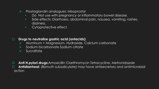  Prostaglandin analogues: Misoprostol
• Do Not use with pregnancy or inflammatory bowel disease.
• Side effects: Diarrhoea, abdominal pain, nausea, vomiting, rashes,
dizziness.
• Cytoprotective effect.
o Drugs to neutralize gastric acid (antacids):
 Aluminum + Magnesium. Hydroxide, Calcium carbonate
 Sodium bicarbonate Sodium citrate
 Sucralfate
o Anti H.pylori drugs:Amoxicillin Clarithromycin Tetracycline, Metronidazole
o Antidiarrheal: (Bismuth subsalicylate) may have antisecretory and antimicrobial
action
 