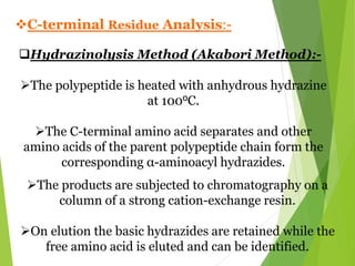 C-terminal Residue Analysis:-
Hydrazinolysis Method (Akabori Method):-
The polypeptide is heated with anhydrous hydrazine
at 100oC.
The C-terminal amino acid separates and other
amino acids of the parent polypeptide chain form the
corresponding α-aminoacyl hydrazides.
The products are subjected to chromatography on a
column of a strong cation-exchange resin.
On elution the basic hydrazides are retained while the
free amino acid is eluted and can be identified.
 