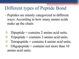 Different types of Peptide Bond
• Peptides are mainly categorized in different
ways: According to how many amino acids
make up the chain:
 Dipeptide = contains 2 amino acid units.
 Tripeptide = contains 3 amino acid units.
 Tetrapeptide = contains 4 amino acid units.
 Oligopeptide = contains not more than 10
amino acid units.
 