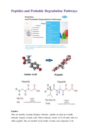 Peptides and Probable Degradation Pathways
Peptides:
These are naturally occurring biological molecules. peptides are made up of smaller
molecular sequence of amino acids. When a molecule consists of 2 to 50 amino acids it is
called a peptide. They are classified by the number of amino acid components in the
 