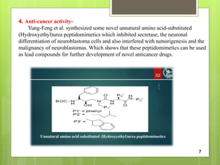 4. Anti-cancer activity-
Yung-Feng et al. synthesized some novel unnatural amino acid-substituted
(Hydroxyethyl)urea peptidomimetics which inhibited secretase, the neuronal
differentiation of neuroblastoma cells and also interfered with tumorigenesis and the
malignancy of neuroblastomas. Which shows that these peptidomimetics can be used
as lead compounds for further development of novel anticancer drugs.
7
 