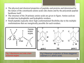  The physical and chemical properties of peptides and proteins and determined by
the nature of the constituents amino acids side chains and by the polyamide peptide
backbone itself.
 The structure of the 20 primary amino acids are given in figure. Amino acid are
divided into hydrophobic and hydrophilic residues.
 Small peptides typically show high conformational flexibility due to the multiple
conformations that are energitically possible for each residues.
Fig.1-Backbone and side chain
torsional angles
Fig.2-Newman projection of three staggered
rotamers in L-amino acids.
9
 