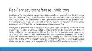 Ras-Farnesyltransferase Inhibitors
Inhibitors of Ras-farnesyltransferase have been developed by mimicking the C-terminal
CAAX motif (where C is a cysteine residue, A is any aliphatic amino acid, and X is usually
Met, Ser, or Ala). This tetrapeptide is the signal for farnesylation of Ras proteins. Ras-
farnesyltransferase is one of the most promising targets for novel anti-cancer drugs,
because at least 30% of the human cancers contain mutated Ras.
Two types of peptidomimetic structures have been used to develop inhibitors. Some
typical type I inhibitors were generated by replacing the amide backbone with different
isosteres like the oxymethylene amide bond in (1). The central dipeptide segment of
CA,A,X has been replaced with rigid linkers like the 3-aminomethylbenzoic acid (AMBA)
in (2). This novel inhibitor was not farnesylated, showing that the two amino acids in
the middle of the CAAX tetrapeptide are required for farnesylation. An imidazole group
has been used to replace the thiol group of the CAM motif to produce compound (3).
 