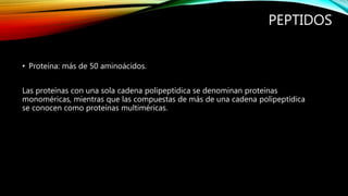 PEPTIDOS
• Proteína: más de 50 aminoácidos.
Las proteínas con una sola cadena polipeptídica se denominan proteínas
monoméricas, mientras que las compuestas de más de una cadena polipeptídica
se conocen como proteínas multiméricas.
 