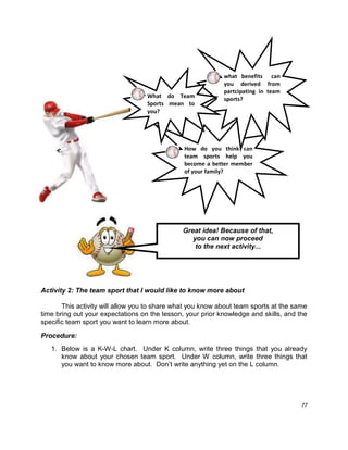 77
How do you think can
team sports help you
become a better member
of your family?
Activity 2: The team sport that I would like to know more about
This activity will allow you to share what you know about team sports at the same
time bring out your expectations on the lesson, your prior knowledge and skills, and the
specific team sport you want to learn more about.
Procedure:
1. Below is a K-W-L chart. Under K column, write three things that you already
know about your chosen team sport. Under W column, write three things that
you want to know more about. Don‟t write anything yet on the L column.
Great idea! Because of that,
you can now proceed
to the next activity...
what benefits can
you derived from
partcipating in team
sports?What do Team
Sports mean to
you?
 