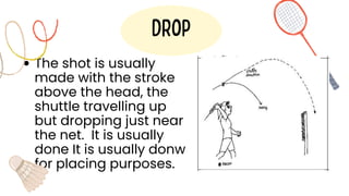 The shot is usually
made with the stroke
above the head, the
shuttle travelling up
but dropping just near
the net. It is usually
done It is usually donw
for placing purposes.
drop
 