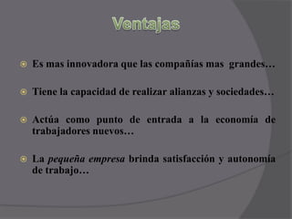 VentajasEs mas innovadora que las compañías mas  grandes…Tiene la capacidad de realizar alianzas y sociedades…Actúa como punto de entrada a la economía de trabajadores nuevos…La pequeña empresa brinda satisfacción y autonomía de trabajo…