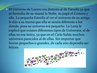  El Universo de Lucero era distinto al de Estrella ya que

se formaba de su mamá la Nube, su papá el Cometa y
ella. La pequeña Estrella al ver el universo de su amiga,
le dijo a su mamá que ella se sentía diferente a los
demás, pues su universo era pequeño. La Luna le
explicó que existen diferentes tipos de Universos, el de
ellas no era único, ya que en el Cielo había muchos
universos parecidos al de ellas. Sin importar que
fueran pequeños o grandes, de cada uno dependía ser
felices.

 