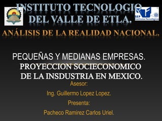 PEQUEÑAS Y MEDIANAS EMPRESAS. 
Asesor: 
Ing. Guillermo Lopez Lopez. 
Presenta: 
Pacheco Ramirez Carlos Uriel. 
 