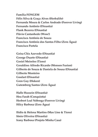 Família FONGEM
Félix Silva & Graça Alves (Herbalife)
Fernanda Moura & Carlos Andrade (Forever Living)
Fernando Antônio (Dinastia)
Flank Bezerra (Dinastia)
Flávio Cantanhede (Wow!)
Francisco Antônio de Souza
Francisco Antônio dos Santos Filho (Zero Água)
Francisco Portela

Geisa Cléa Azevedo (Dinastia)
George Duarte (Dinastia)
Gesiel Meireles (Tiens)
Geraldino Alfredo Ricardo (Mensen Fusion)
Gilberto de Souza & Daniela de Sousa (Dinastia)
Gilberto Monteiro
Goulart (Dinastia)
Gren Goy (Hoken)
Gutemberg Santos (Zero Água)

Halle Hussein (Dinastia)
Heu Farah (Conquistta)
Herbert Leal Nóbrega (Forever Living)
Hilcy Barbosa (Zero Água)

Ilídio & Helena Martins (Max Line & Tiens)
Iônio Oliveira (Dinastia)
Irany Barbosa (Projeto Minha Casa)
 
