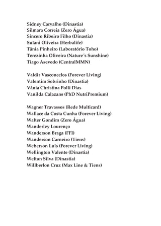 Sidney Carvalho (Dinastia)
Silmara Correia (Zero Água)
Sincero Ribeiro Filho (Dinastia)
Sulani Oliveira (Herbalife)
Tânia Pinheiro (Laboratório Toho)
Terezinha Oliveira (Nature´s Sunshine)
Tiago Asevedo (CentralMMN)

Valdir Vasconcelos (Forever Living)
Valentim Sobrinho (Dinastia)
Vânia Christina Polli Dias
Vanilda Calazans (PhD NutriPremium)

Wagner Travassos (Rede Multicard)
Wallace da Costa Cunha (Forever Living)
Walter Gondim (Zero Água)
Wanderley Lourenço
Wanderson Braga (FFI)
Wanderson Carneiro (Tiens)
Weberson Luis (Forever Living)
Wellington Valente (Dinastia)
Welton Silva (Dinastia)
Willberlon Cruz (Max Line & Tiens)
 